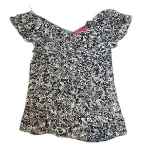 Elle Womens XS Blouse Short‎ Sleeves Black White Gray V Neck Polyester